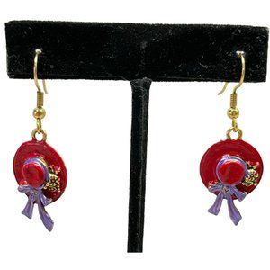 Vintage Red Fancy Hat Earrings Purple Ribbon Sun Hat Gold Tone 1 Inch Long